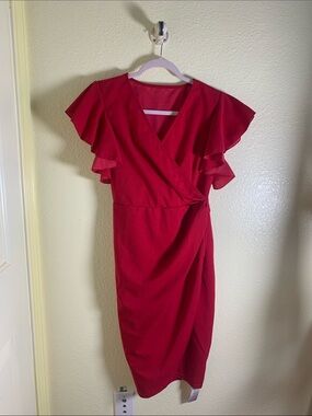 NWT G & Y Elegant Red Faux-Wrap Midi Dress, Size L